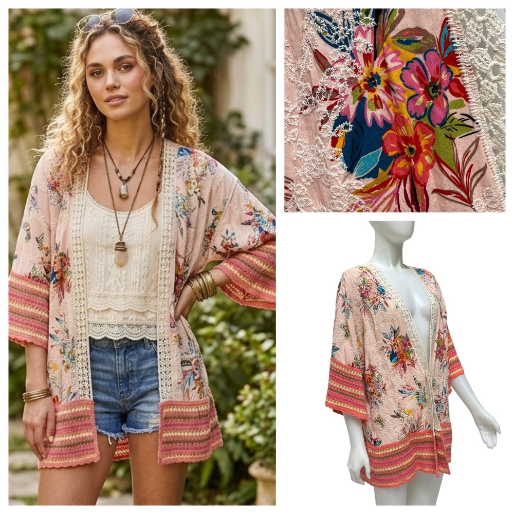 NWT Democracy Floral Embroidered Crochet Trim Kimono Cardigan M New